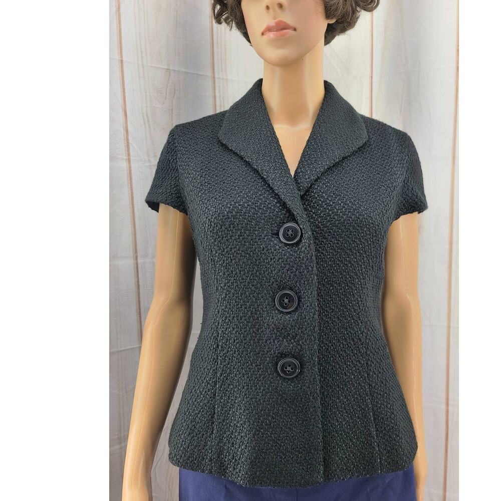 Coldwater Creek Black Cap Sleeve Pebbled Boucle Lined Jacket 3 Button Close
